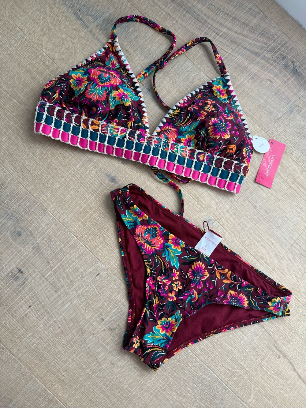 Vibrant Floral Bikini Set with Crochet Band d/dd top